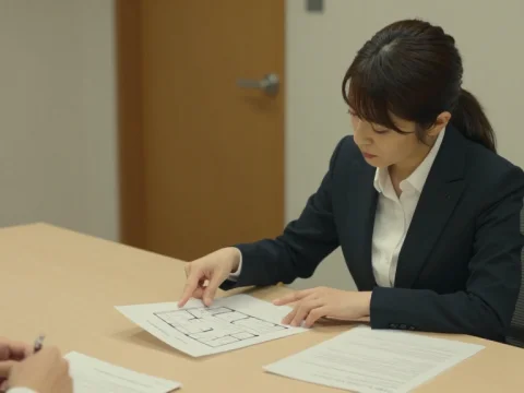 Japanese Businesswoman Explaining House Floor Plan in Office
