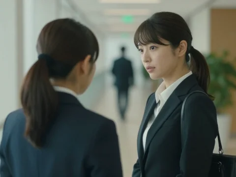Japanese Businesswomen Conversing in Office Corridor