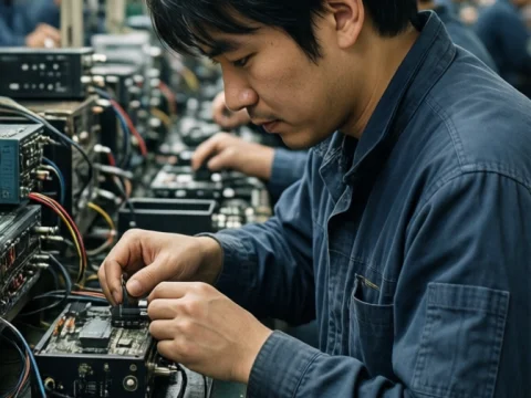Japanese Electronics Assembly Worker Focused on Circuit Board