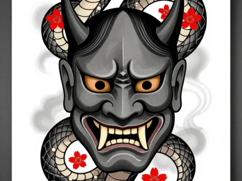 Japanese Hannya Demon Mask with Snake and Cherry Blossoms
