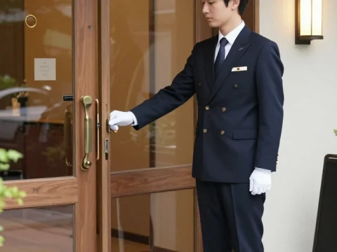Japanese Hotel Doorman Opening Door in Formal Uniform