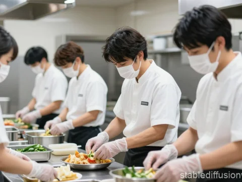Japanese Kitchen Team Preparing Food in Professional Setting