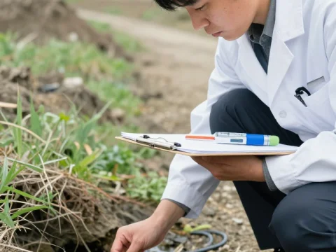 Japanese Researcher Collecting Water Sample Outdoors
