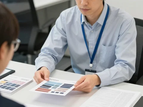 Japanese Sales Representative Discussing Color Samples in Office
