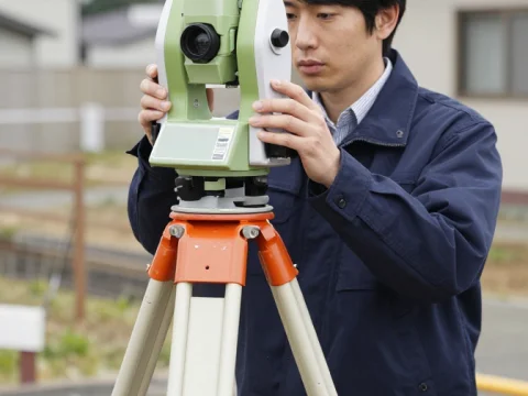 Japanese Surveyor Using Theodolite for Land Measurement