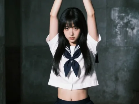 Japanese Woman in Sailor Uniform Kneeling and Holding Overhead Ring