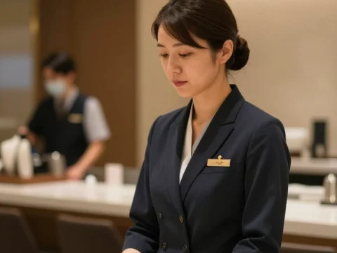 Japanese Woman in Upscale Hotel Uniform Preparing Service