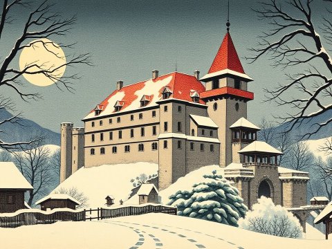 Japanese Woodblock Print of Snowy Castle Under Full Moon