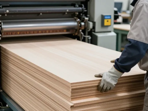 Japanese Worker Handling Veneer Sheets in Factory