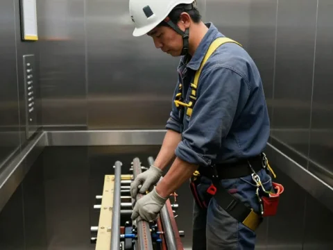 Japanese Worker Installing Elevator Components