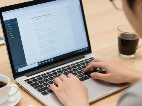 Japanese Writer Typing on Laptop at Desk