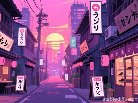 Japonising Cyberpunk Alley at Sunset