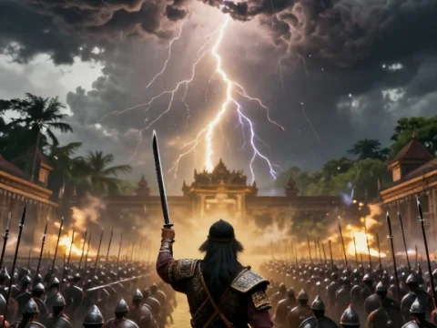 Javanese Warrior Leading Army Amidst Thunderstorm