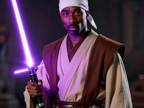 Jedi Warrior with Bunny Ears and Purple Lightsaber