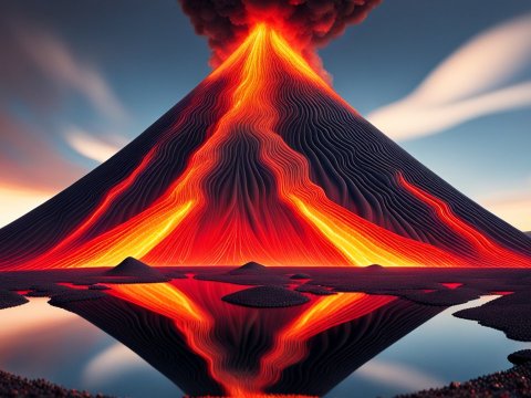 Jeweled Volcano Erupting with Reflective Lava Flow