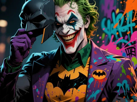 Joker Unmasked Holding Batman Mask with Graffiti Background