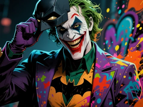 Joker Unmasking Batman in Vibrant Comic Style
