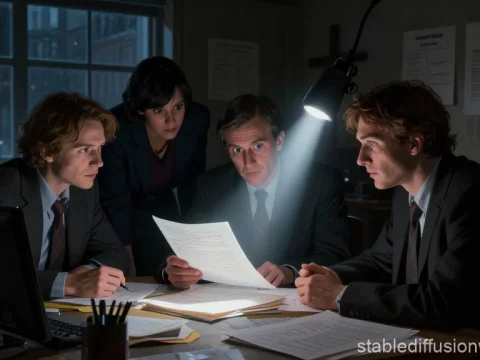 Journalists Investigating Under Spotlight in Dim Office