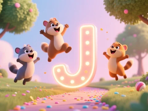 Joyful Animals Jumping Around Glowing Letter J