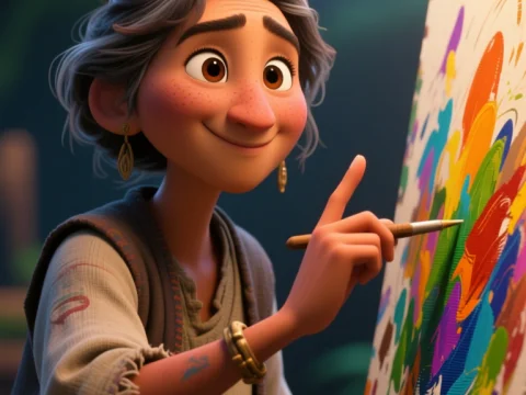 Joyful Artist Painting a Colorful Canvas