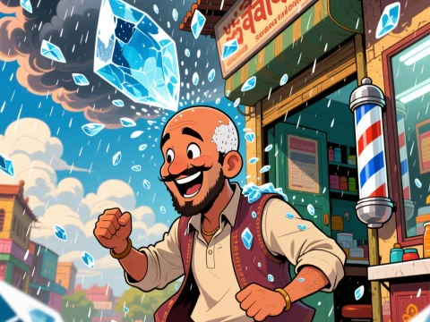 Joyful Bald Man in a Magical Ice Hailstorm