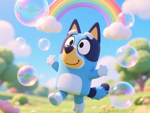 Joyful Blue Dog Playing with Rainbow Bubbles