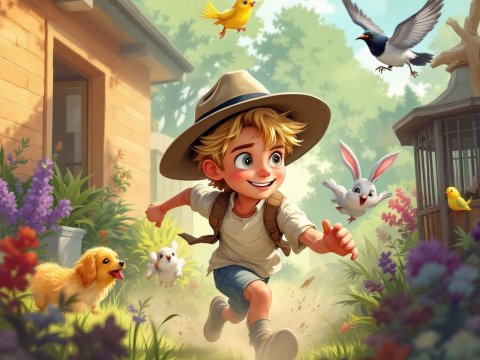Joyful Boy Running with Animals in a Sunny Garden