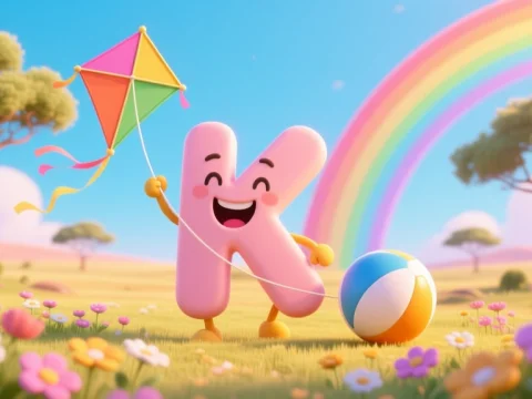 Joyful Cartoon Letter K Flying a Kite in a Sunny Meadow