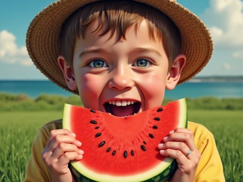 Joyful Child Eating Watermelon in Sunny Field