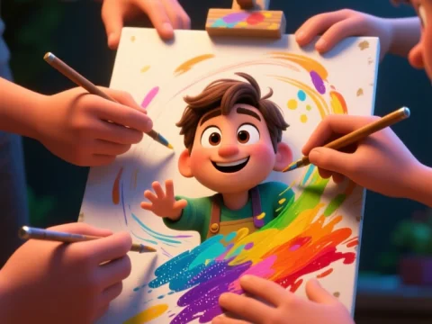 Joyful Child Emerging from Colorful Painting with Helping Hands