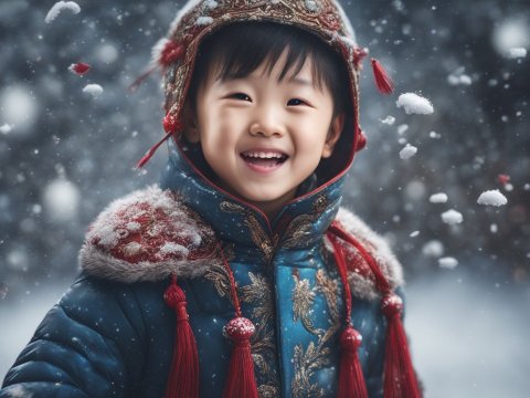 Joyful Child in Traditional Winter Attire Amid Snowfall