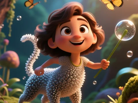 Joyful Child with Animal Body in Enchanted Forest