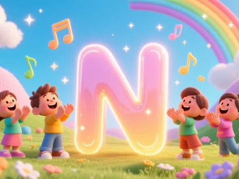 Joyful Children Clapping Around a Glowing Letter N