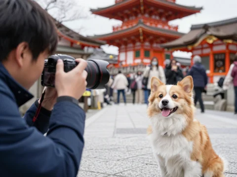 Joyful Corgi Posing for Photographer at Traditional Japanese Temple