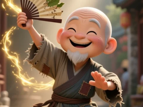 Joyful Elderly Monk with Magical Fan in Ancient Alley