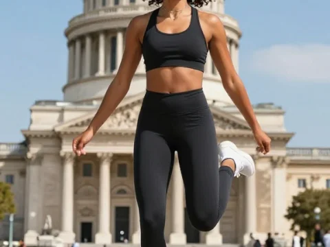 Joyful Fitness Woman Jumping Outdoors in Front of Historic Building