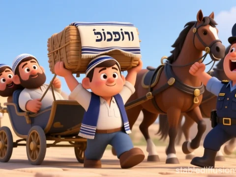 Joyful Jewish Characters with Horse and Police Officer in Animated Style
