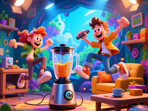Joyful Kids Dancing Around a Blender in a Colorful Room