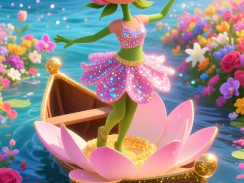 Joyful Rose Fairy Dancing on a Flower Boat