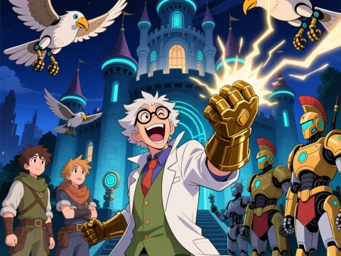 Joyful Scientist with Robotic Gauntlet in Futuristic Castle