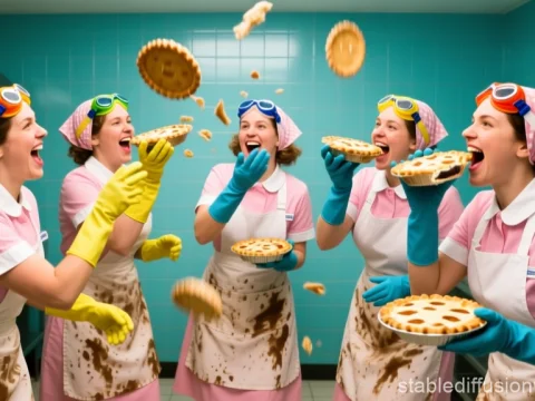 Joyful Scullery Maids Engaged in a Playful Pie Fight