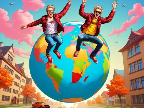 Joyful Twins Jumping on a Giant Globe in a Vibrant Town