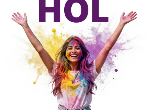 Joyful Woman Celebrating Holi Festival with Colorful Powder
