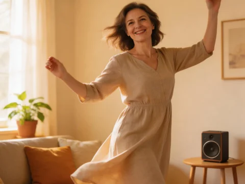 Joyful Woman Dancing in Cozy Living Room