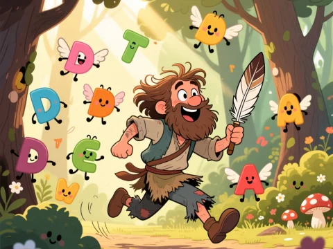 Joyful Writer Chasing Flying Letter Creatures in Enchanted Forest