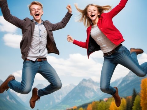 Joyful Young People Jumping Outdoors in Mountain Landscape
