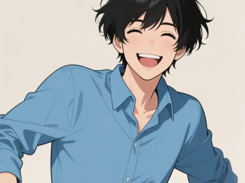 Joyful Youth with Black Hair in Blue Shirt