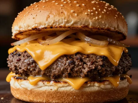 Juicy Cheeseburger with Onions and Melted Cheese