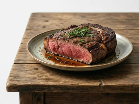 Juicy Medium-Rare Steak Garnished with Fresh Herbs on Plate