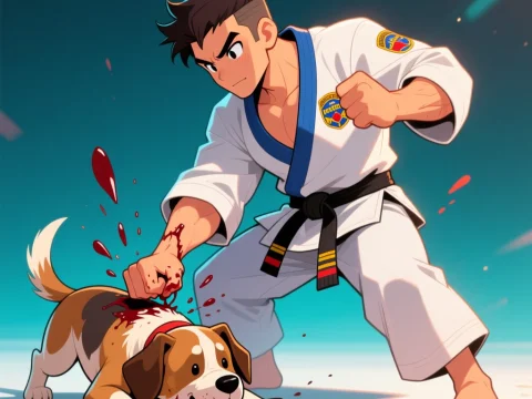 Karate Fighter Attacking a Dog in Anime Style
